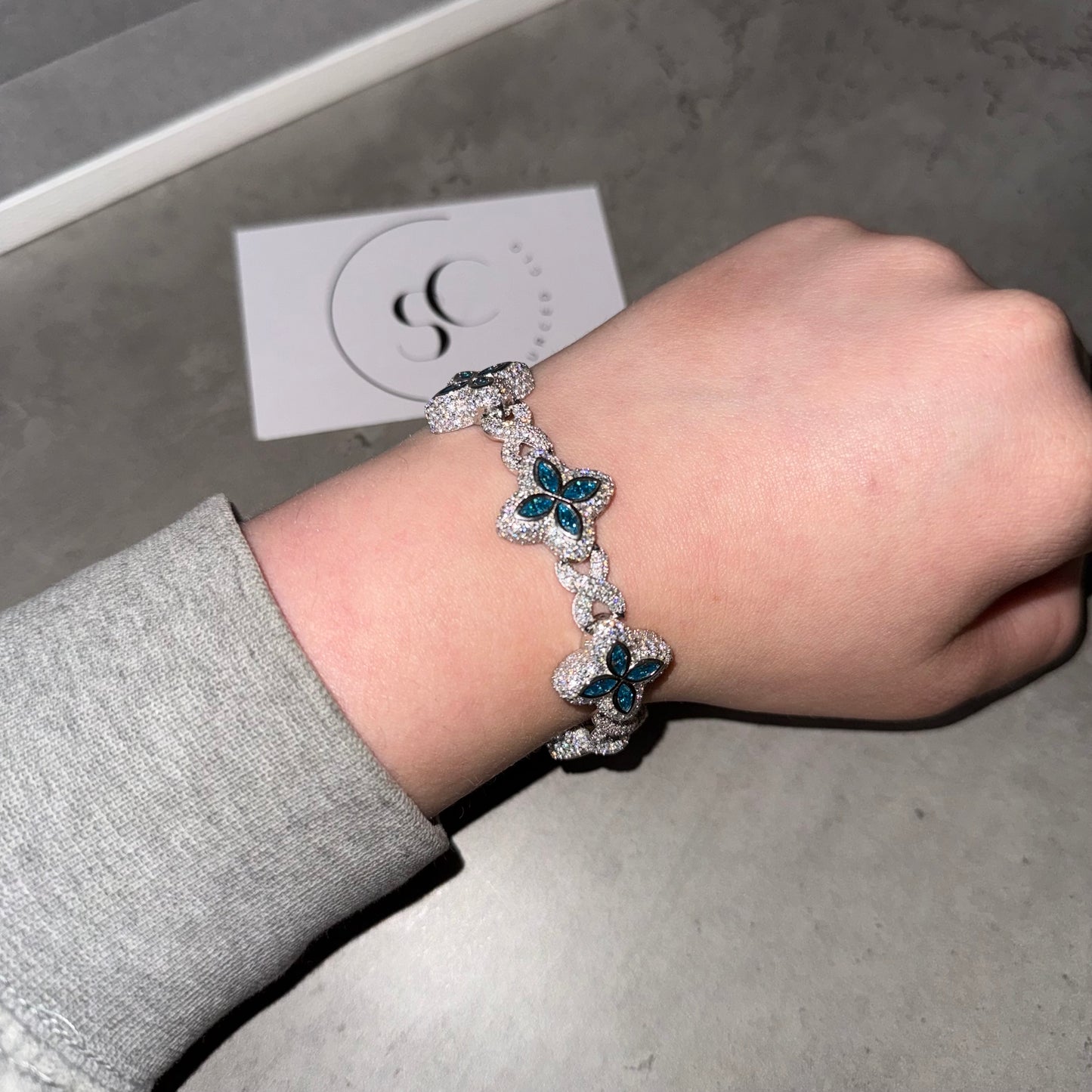 Silver & Blue Lab Diamond Clover Bracelet