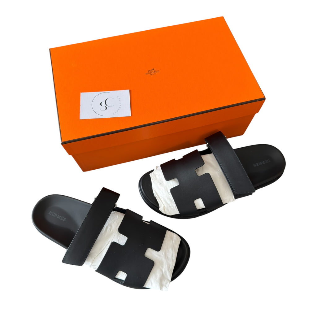 Hermes Chypre Black Leather Sandals