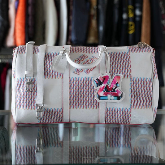 Louis Vuitton Red & White Spray Keepall 50 Bag