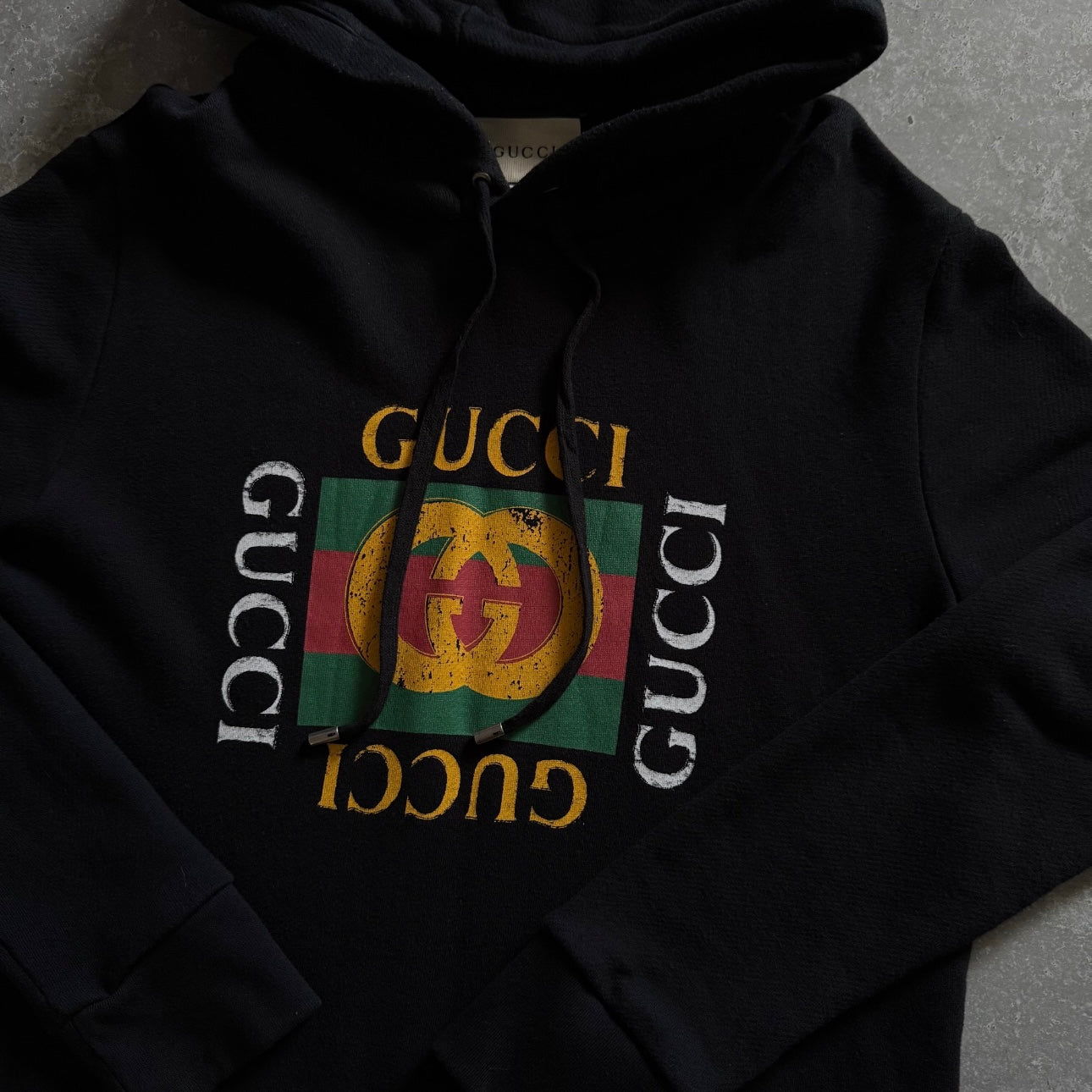 Gucci Distressed Black Logo Hoodie