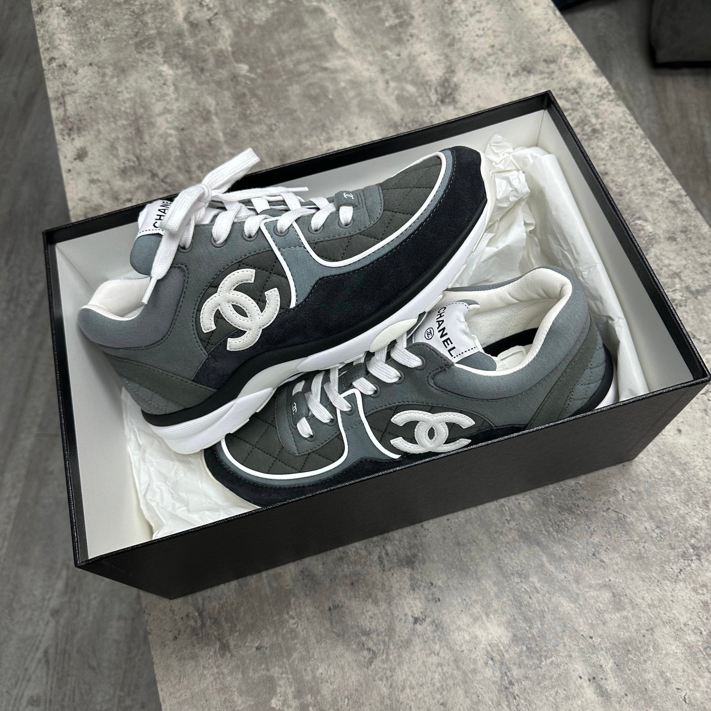 Chanel Grey Suede Sneakers