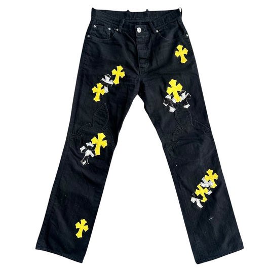 Chrome Hearts Black Cow & Yellow Cross Patch Jeans